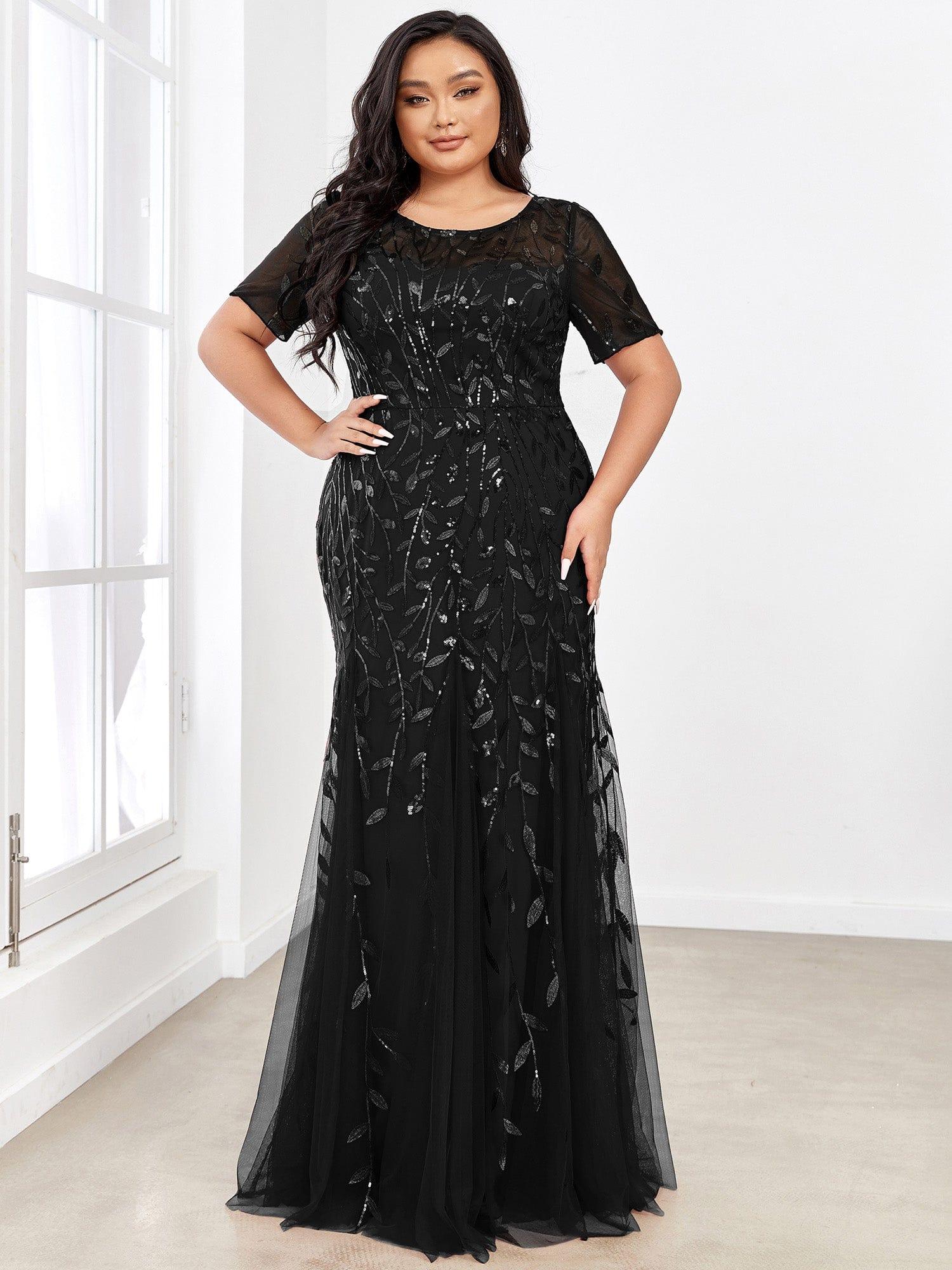 Floral Sequin Print Plus Size Mermaid Tulle Evening Dress #color_Black