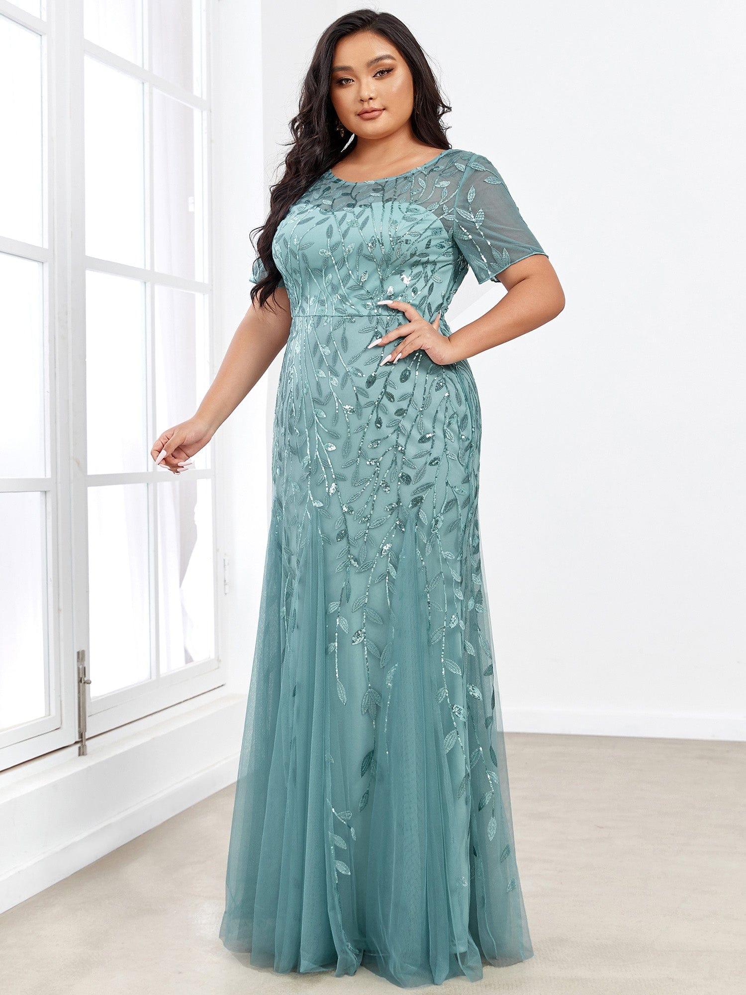 Floral Sequin Print Plus Size Mermaid Tulle Evening Dress #color_Light Teal