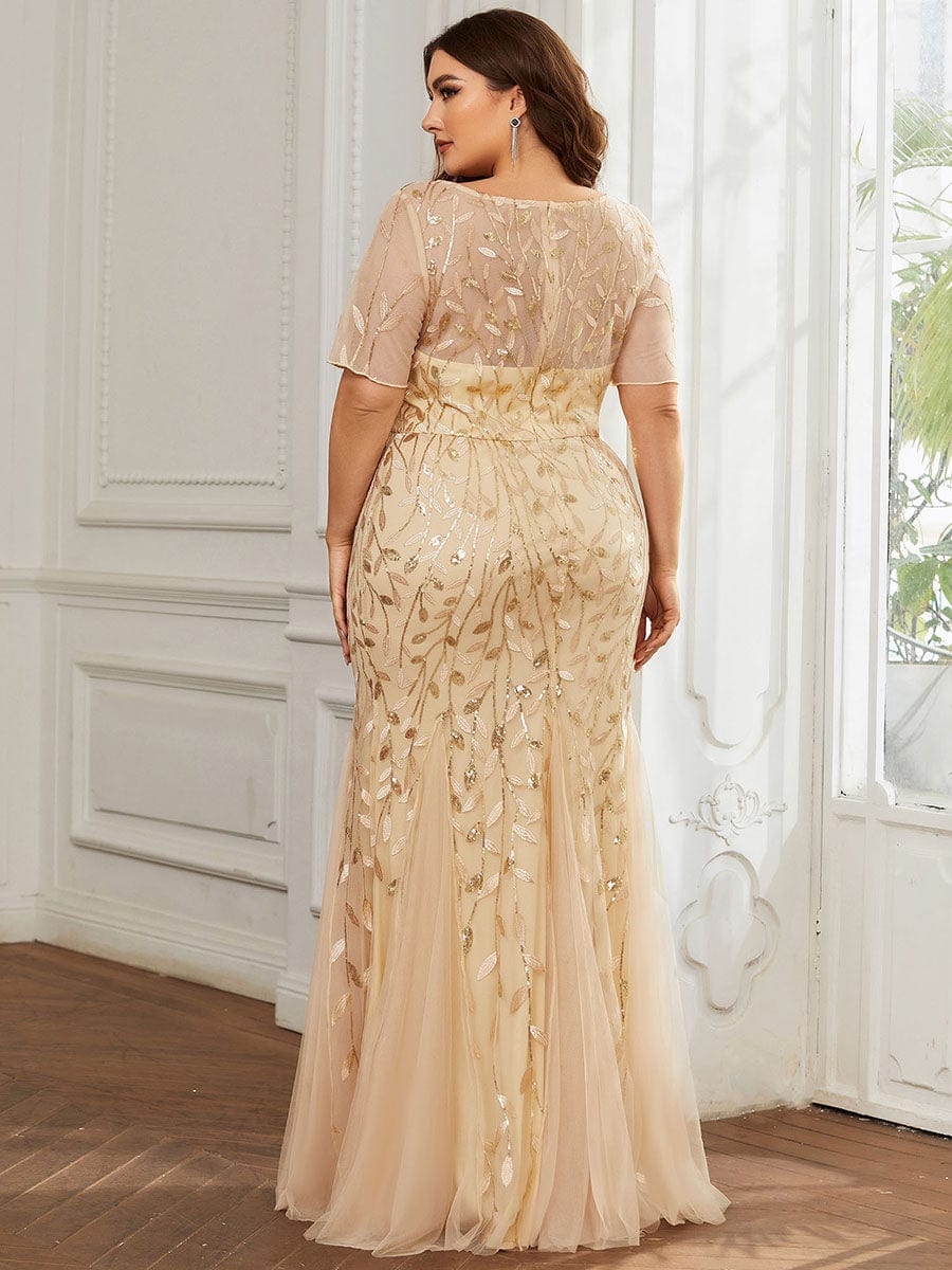 Floral Sequin Print Plus Size Mermaid Tulle Evening Dress #color_Gold