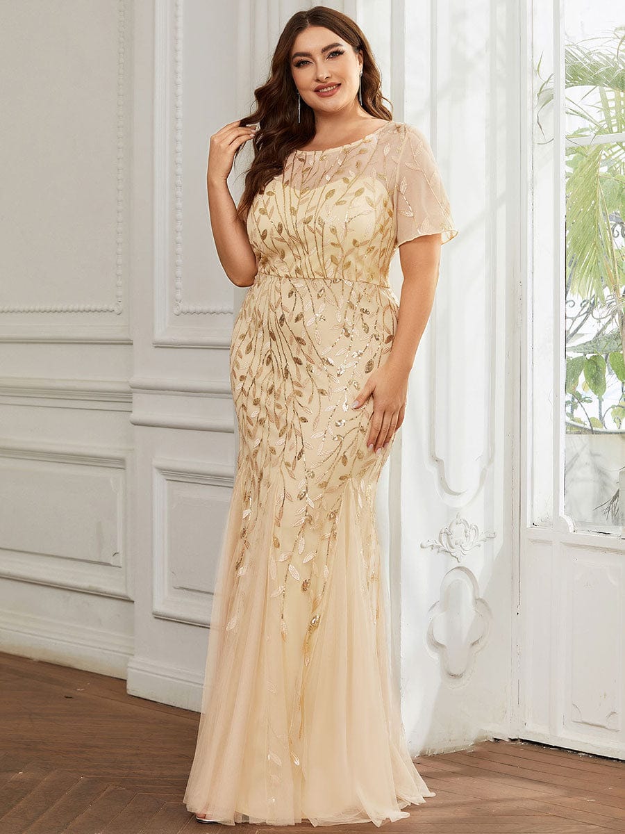 Floral Sequin Print Plus Size Mermaid Tulle Evening Dress #color_Gold