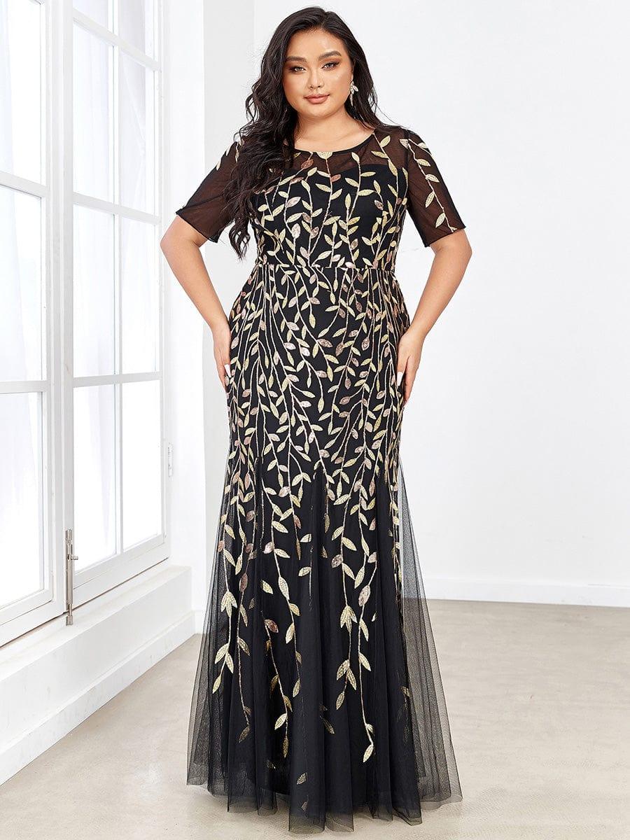 Floral Sequin Print Plus Size Mermaid Tulle Evening Dress #color_Black & Gold