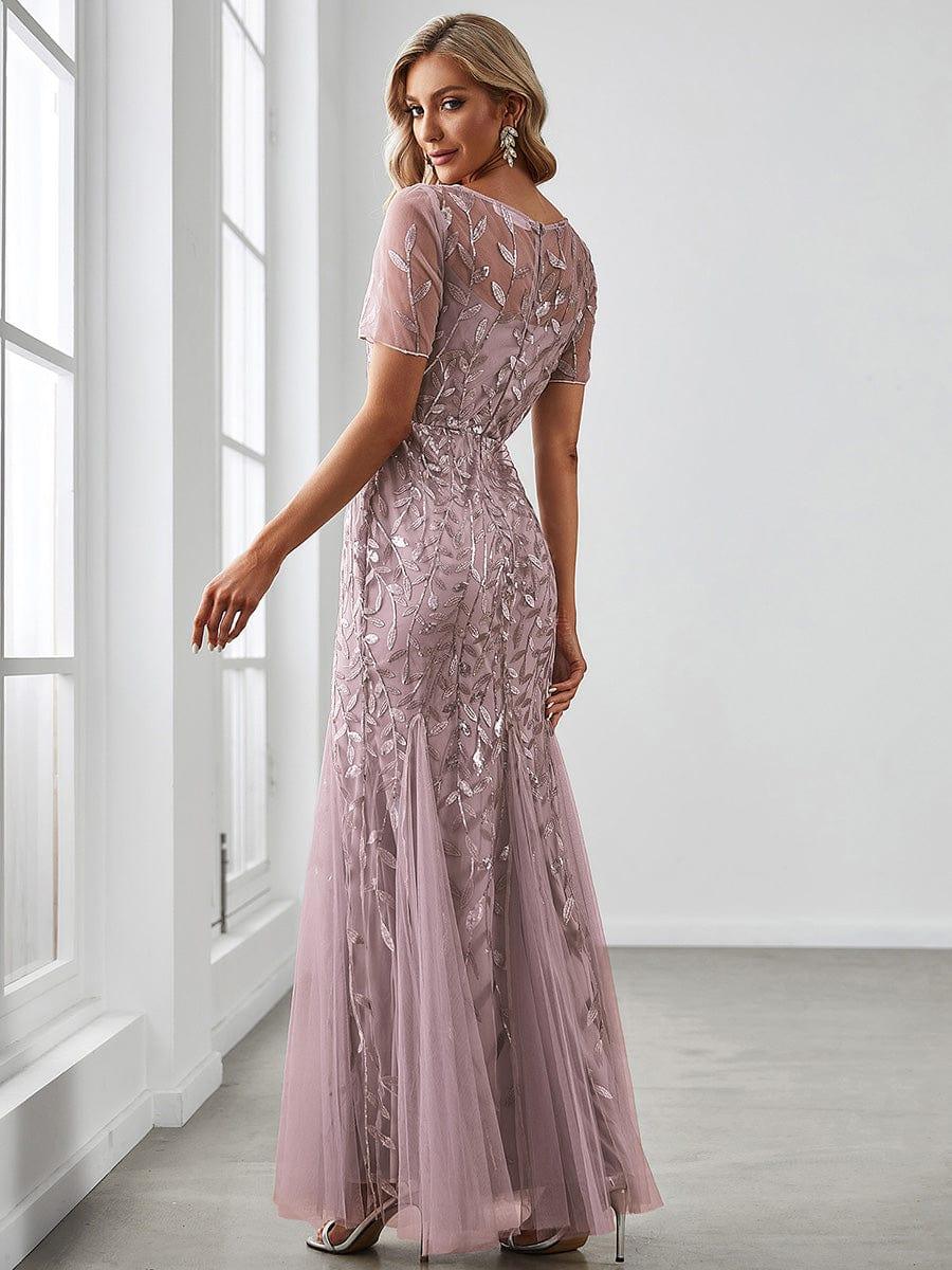 Floral Sequin Maxi Fishtail Tulle Prom Dress with Half Sleeve #Color_Dusty Blue ever JADEN|Floral Sequin Maxi Fishtail Tulle Formal Evening Dress with Short Sleeve
