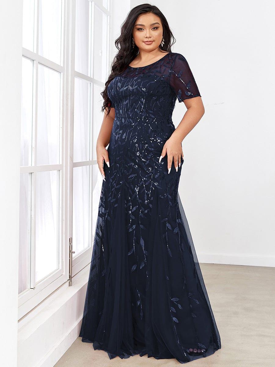 Floral Sequin Print Plus Size Mermaid Tulle Evening Dress #color_Navy Blue