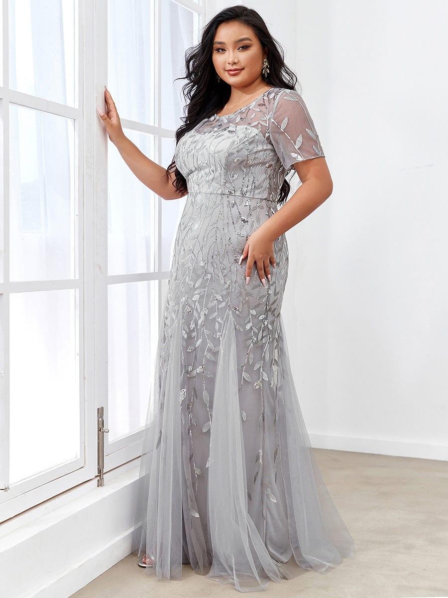 Floral Sequin Print Plus Size Mermaid Tulle Evening Dress #color_Silver