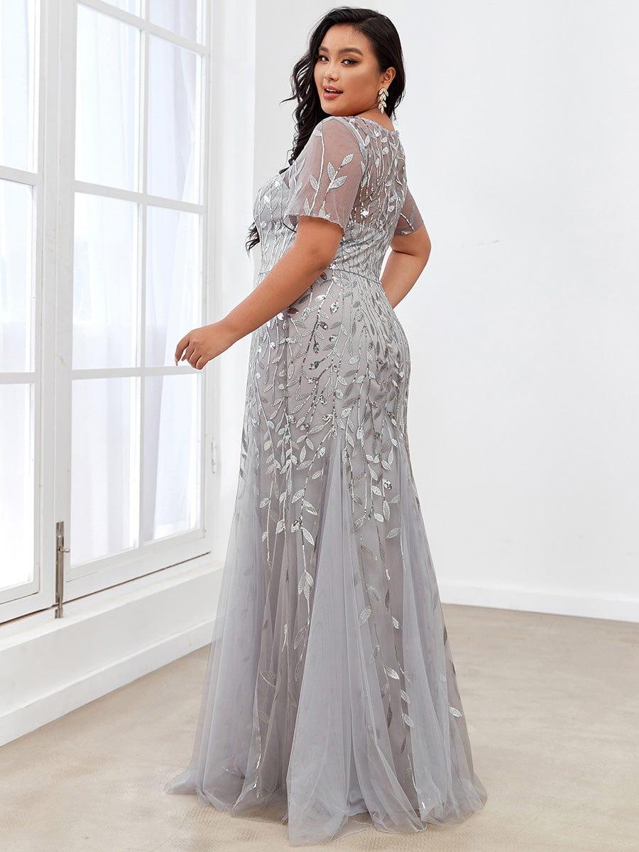 Floral Sequin Print Plus Size Mermaid Tulle Evening Dress #color_Silver