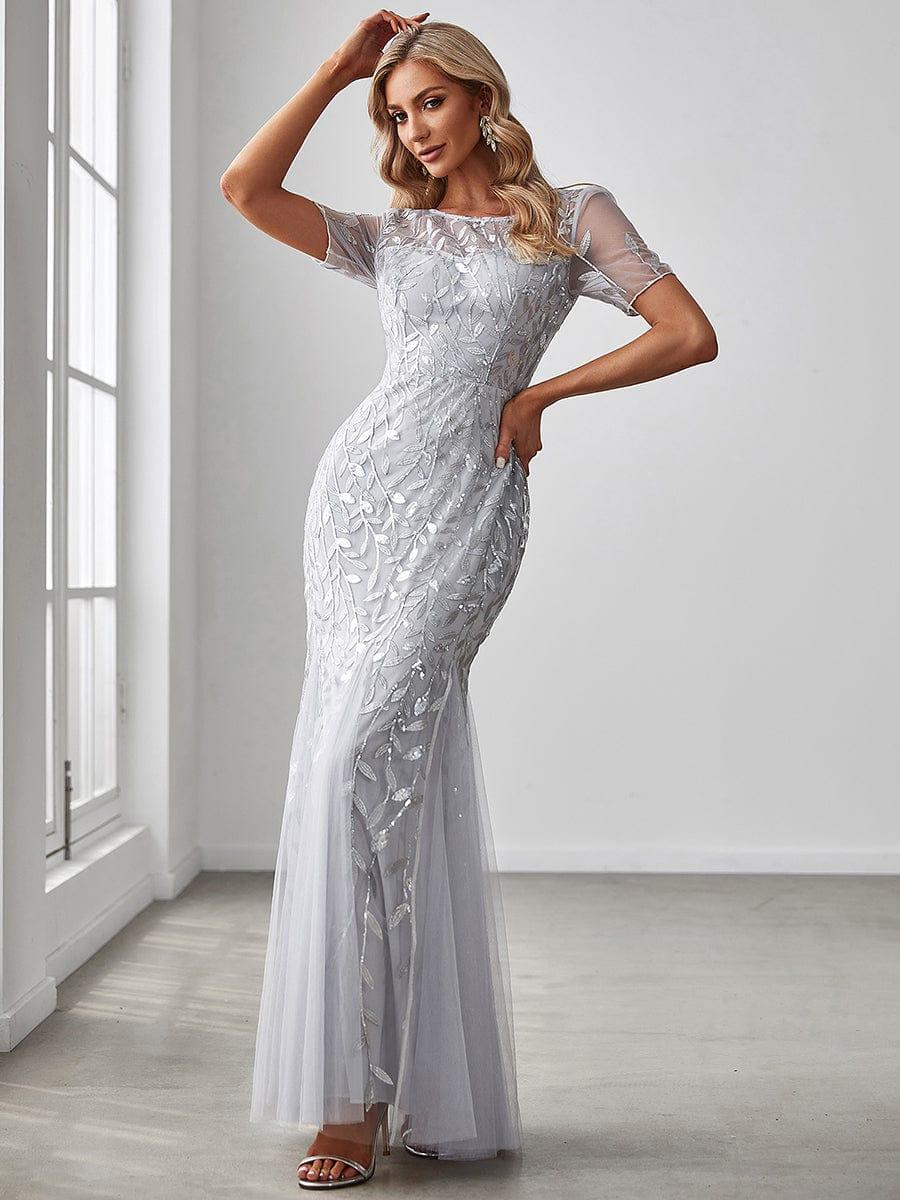 Floral Sequin Maxi Fishtail Tulle Prom Dress with Half Sleeve #Color_Silver