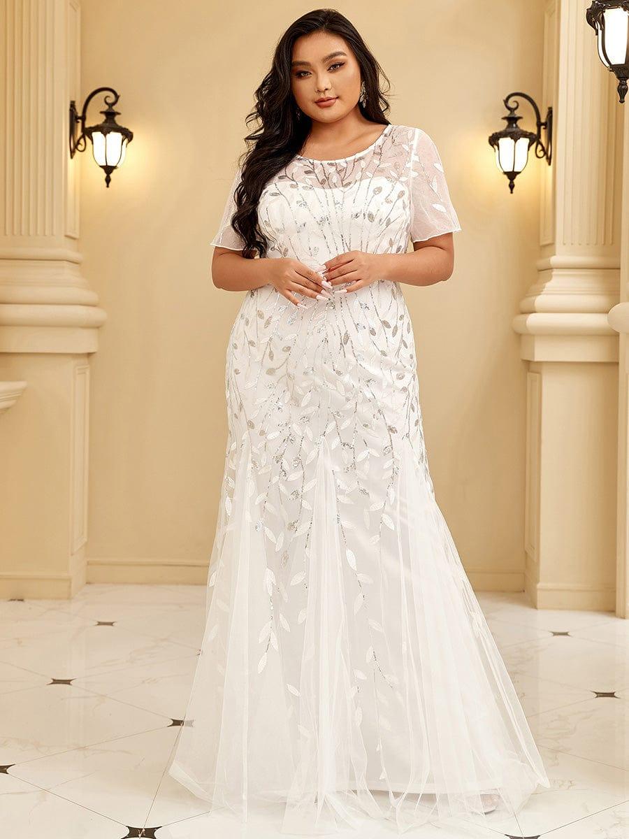 Floral Sequin Print Plus Size Mermaid Tulle Evening Dress #color_White