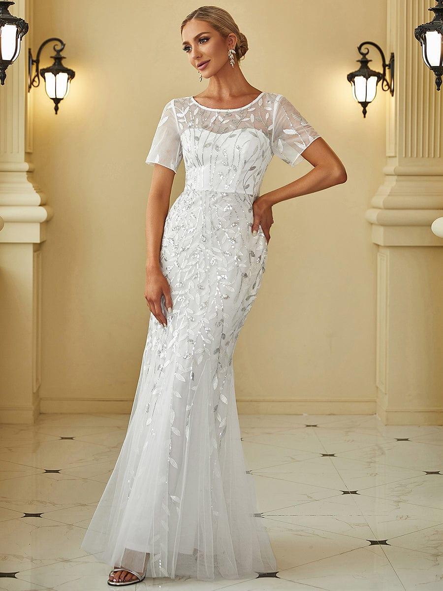 Floral Sequin Maxi Fishtail Tulle Prom Dress with Half Sleeve #Color_White