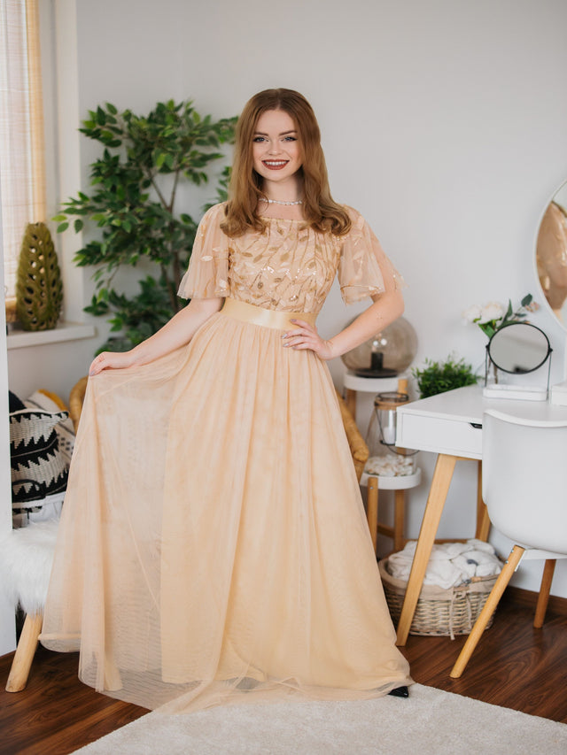 ever SAPHIR|Women's A-Line Sequin Leaf Maxi Prom Dress with Sleeves Fan Photos 13
