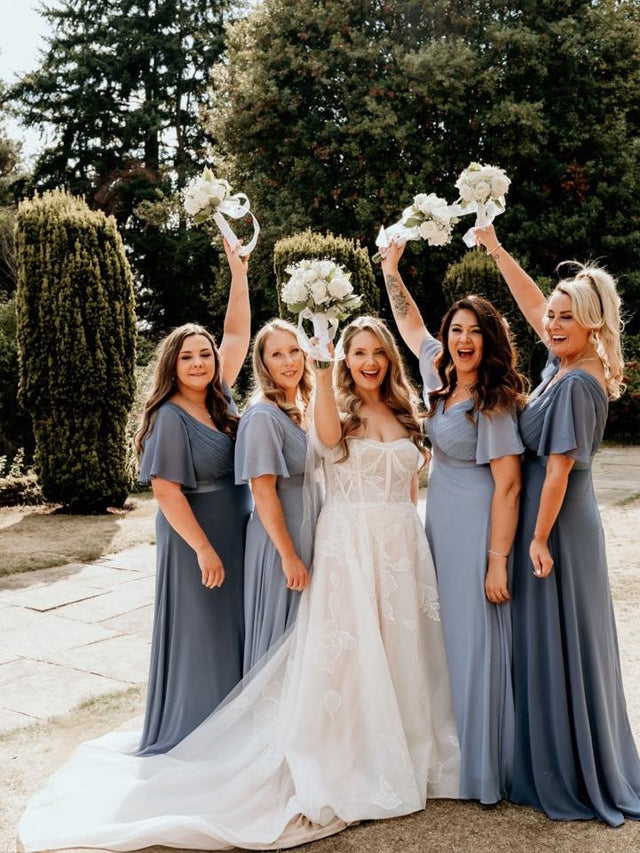ever MONICA|Long Chiffon Empire Waist Bridesmaid Dress with Short Flutter Sleeves Fan Photos 20
