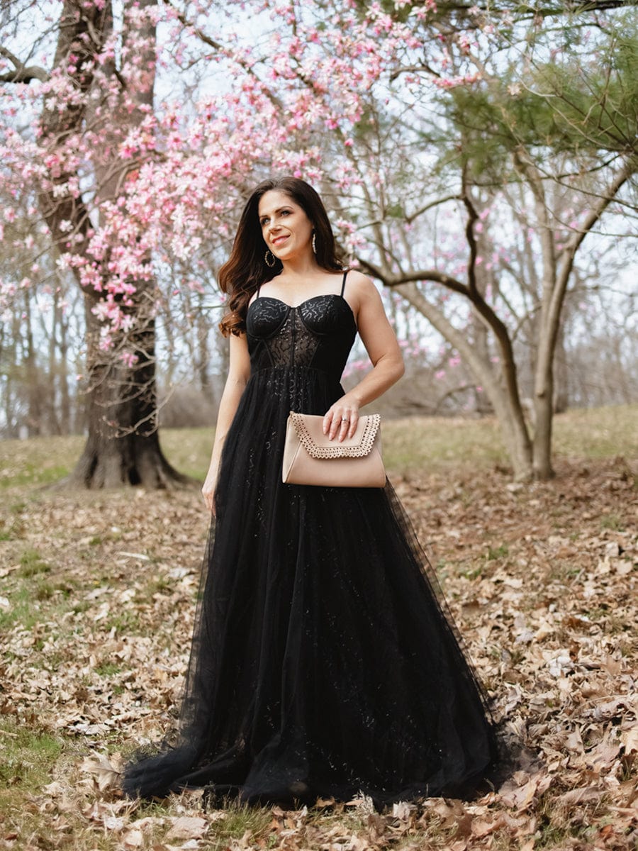 long evening dress covers Exquisite Sequin Spaghetti Straps A-Line Backless Tulle Evening Dress