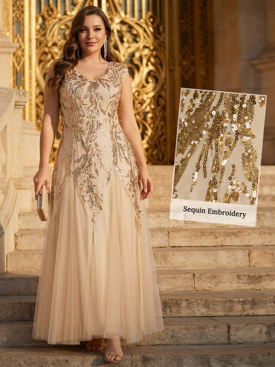 Embroidered Sequin Cap Sleeve Evening Dress #color_Gold