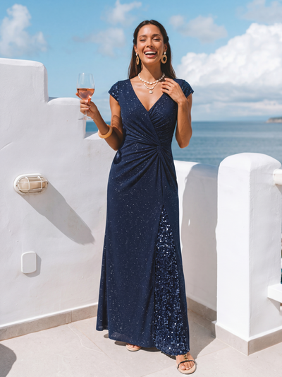 Knotted Knit Cap Sleeve Maxi Glitter Evening Dress #color_Navy Blue