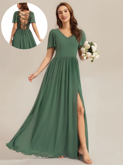 Tie-Up Chiffon Ruffle Sleeve Bridesmaid Dress #color_Eucalyptus