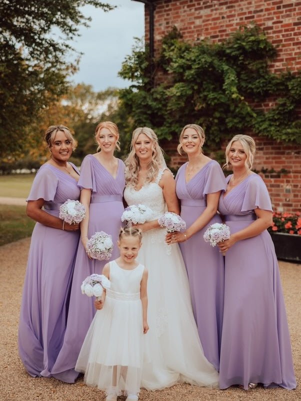 ever MONICA|Long Chiffon Empire Waist Bridesmaid Dress with Short Flutter Sleeves Fan Photos 2
