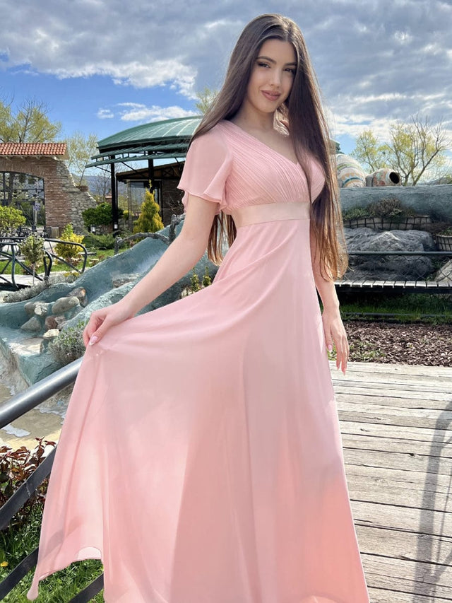 pretty MONICA|Plus Size Empire Waist V Back Bridesmaid Dress with Short Sleeves Fan Photos 21
