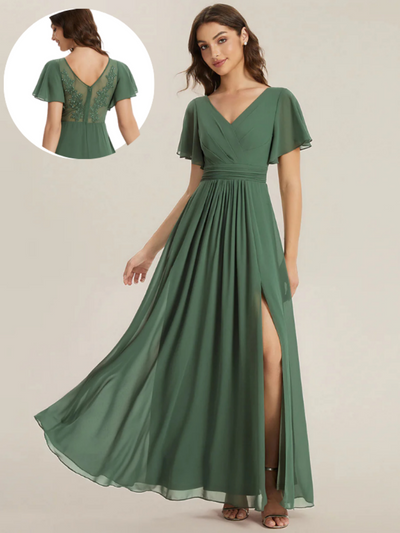 Chiffon Ruffle Sleeve Back Embroidered Bridesmaid Dress #color_Eucalyptus