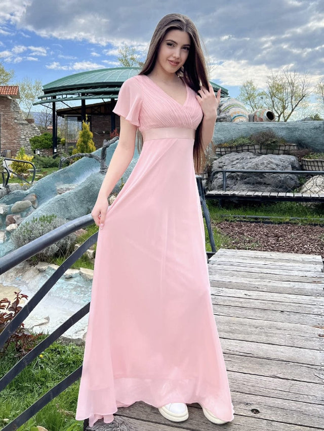 pretty MONICA|Plus Size Empire Waist V Back Bridesmaid Dress with Short Sleeves Fan Photos 19
