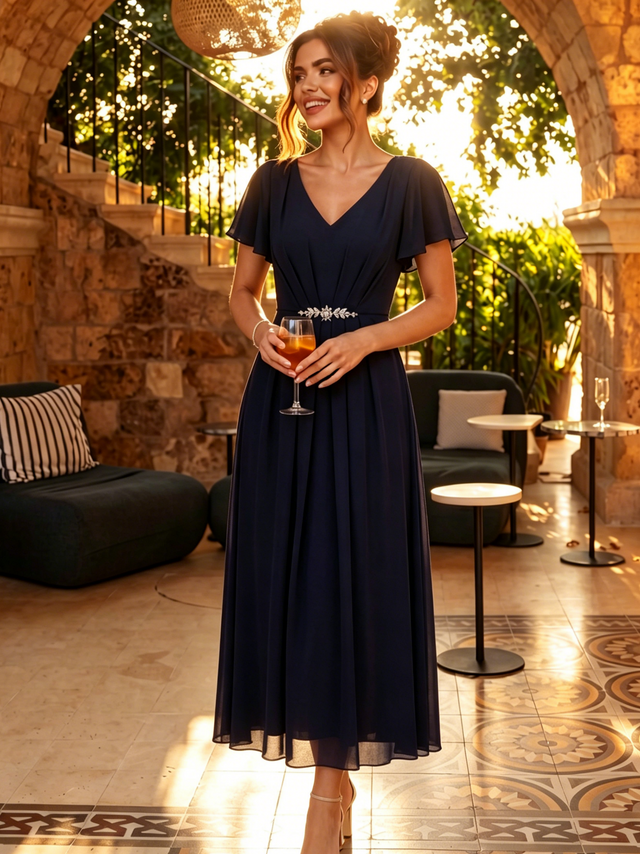 Rhinestone Embellished Chiffon Ruffle Sleeve Wedding Guest Dress Fan Photos 1
