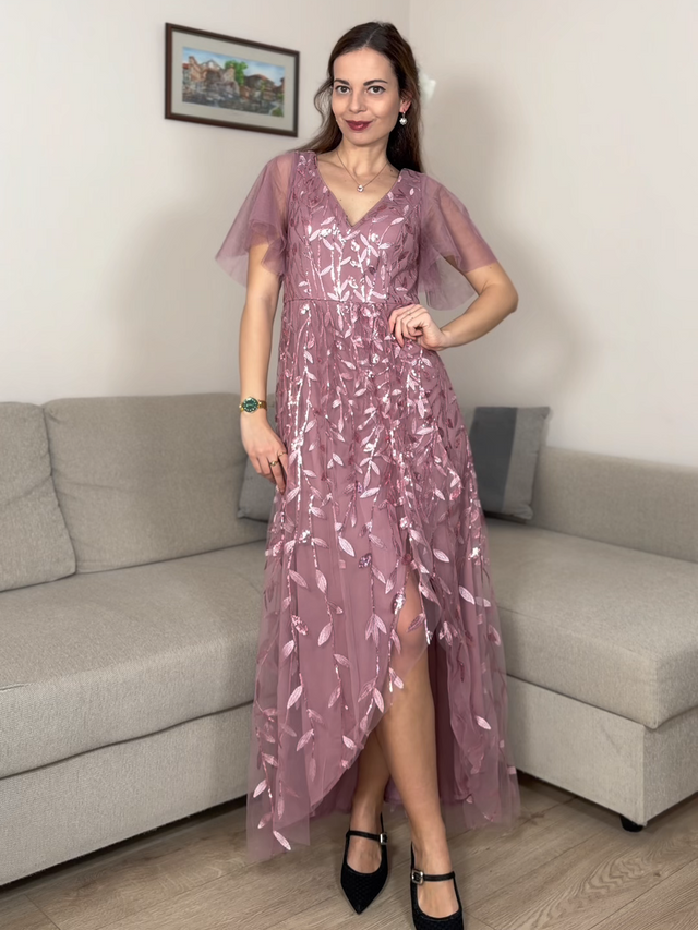 pretty ALIX|Plus Size Short Sleeves Sequin High Low V-Neck Midi Formal Evening Dress Fan Photos 8
