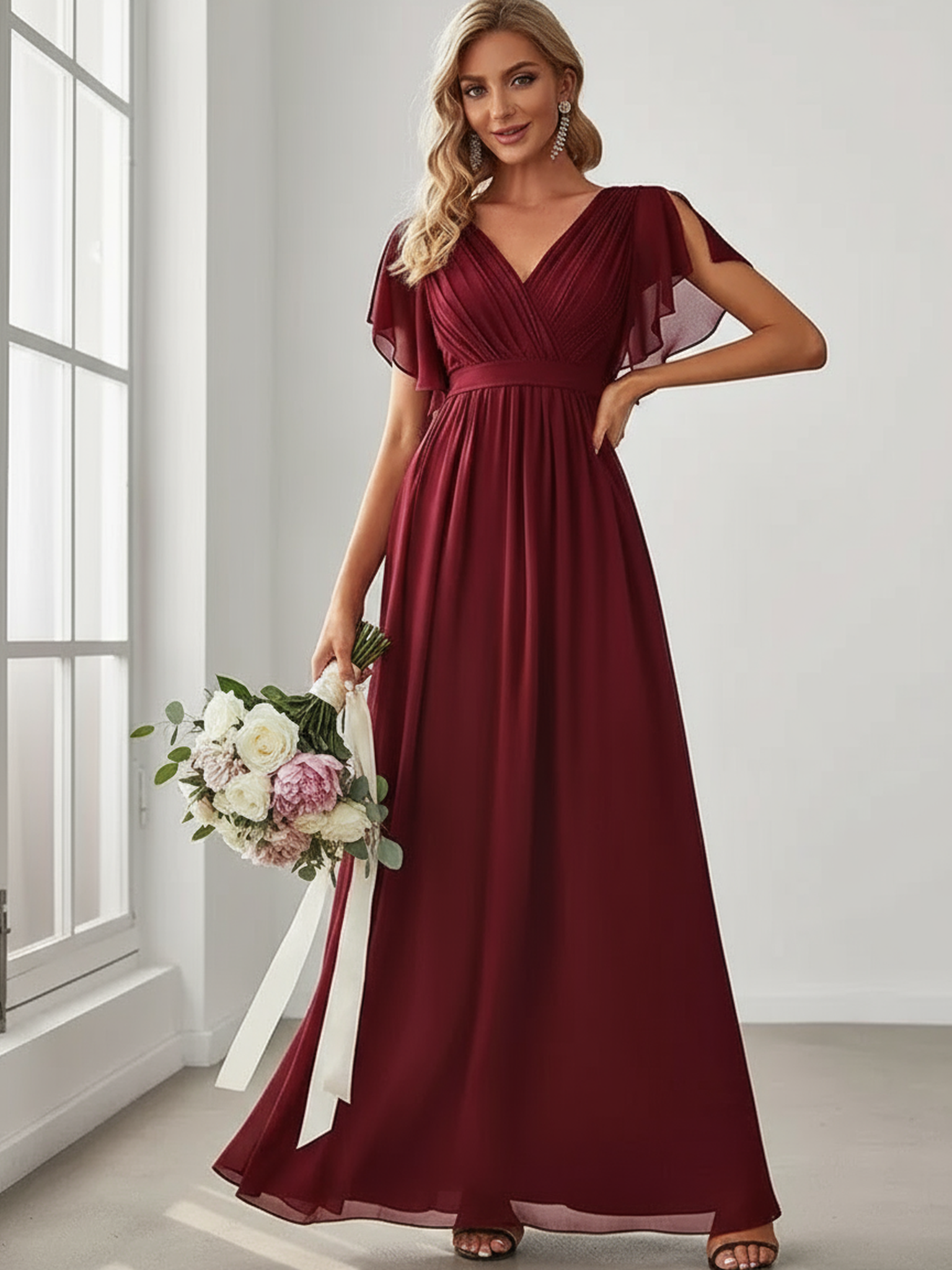 ever LEORA|Flowy Pleated A-Line Chiffon Tie-Waist Bridesmaid Dress