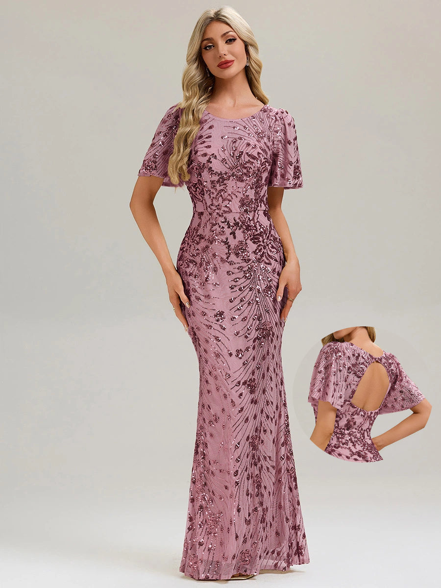 Backless Sequin Ruffle Sleeve Evening Dress