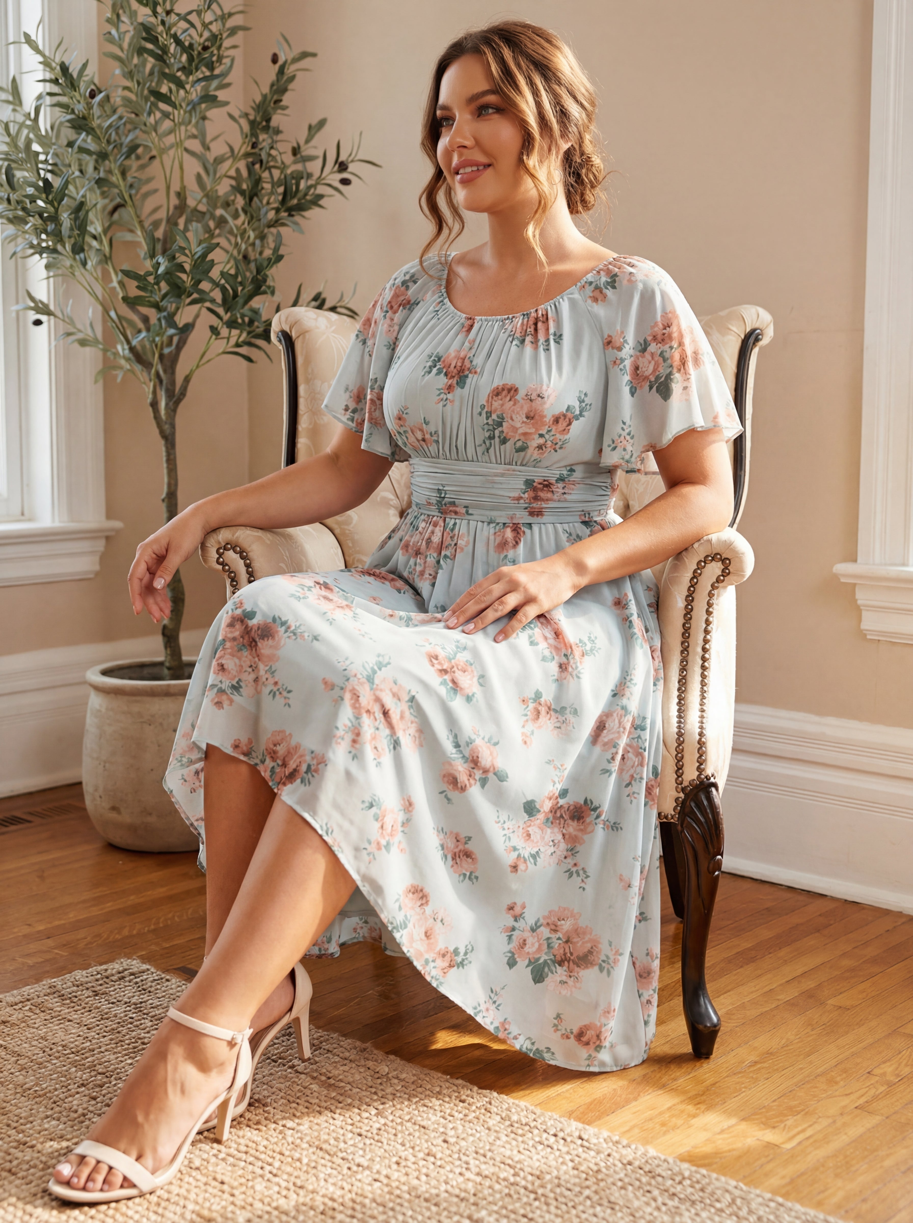 Plus Size Pleated Round Neckline A-Line Midi Chiffon Wedding Guest Dress #color_Amber Bloom