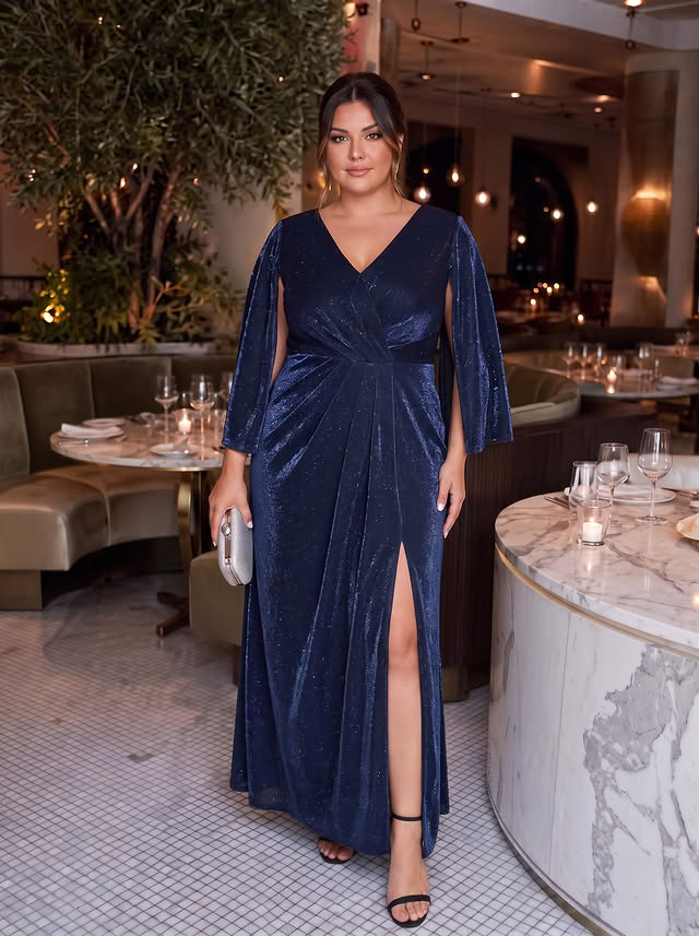 Plus Size Lurex Mesh Cape Sleeve Mother of the Bride Dress #color_Navy Blue
