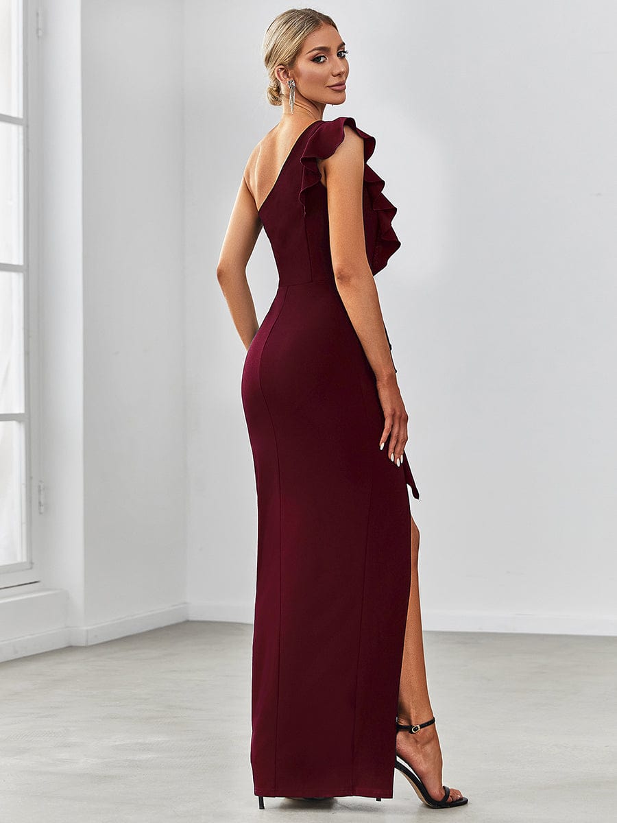 Ruffled One Shoulder Bodycon High Slit Formal Dress #color_Burgundy