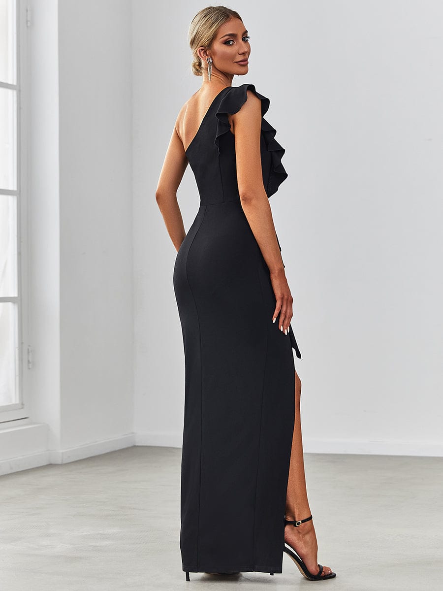 Ruffled One Shoulder Bodycon High Slit Formal Dress #color_Black
