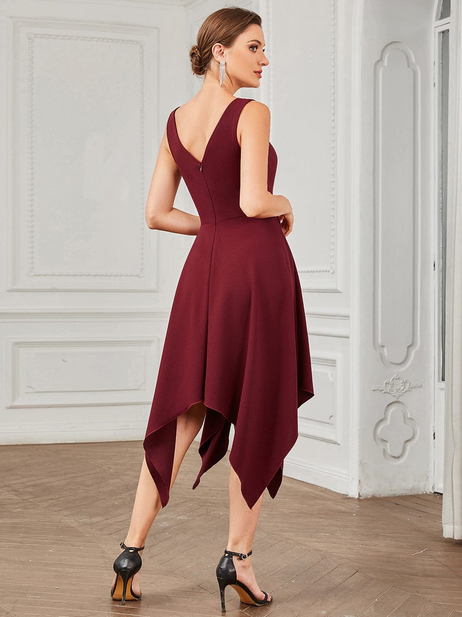Sleeveless V-Neck Asymmetrical Hem Stretchy Formal Dress #color_Burgundy