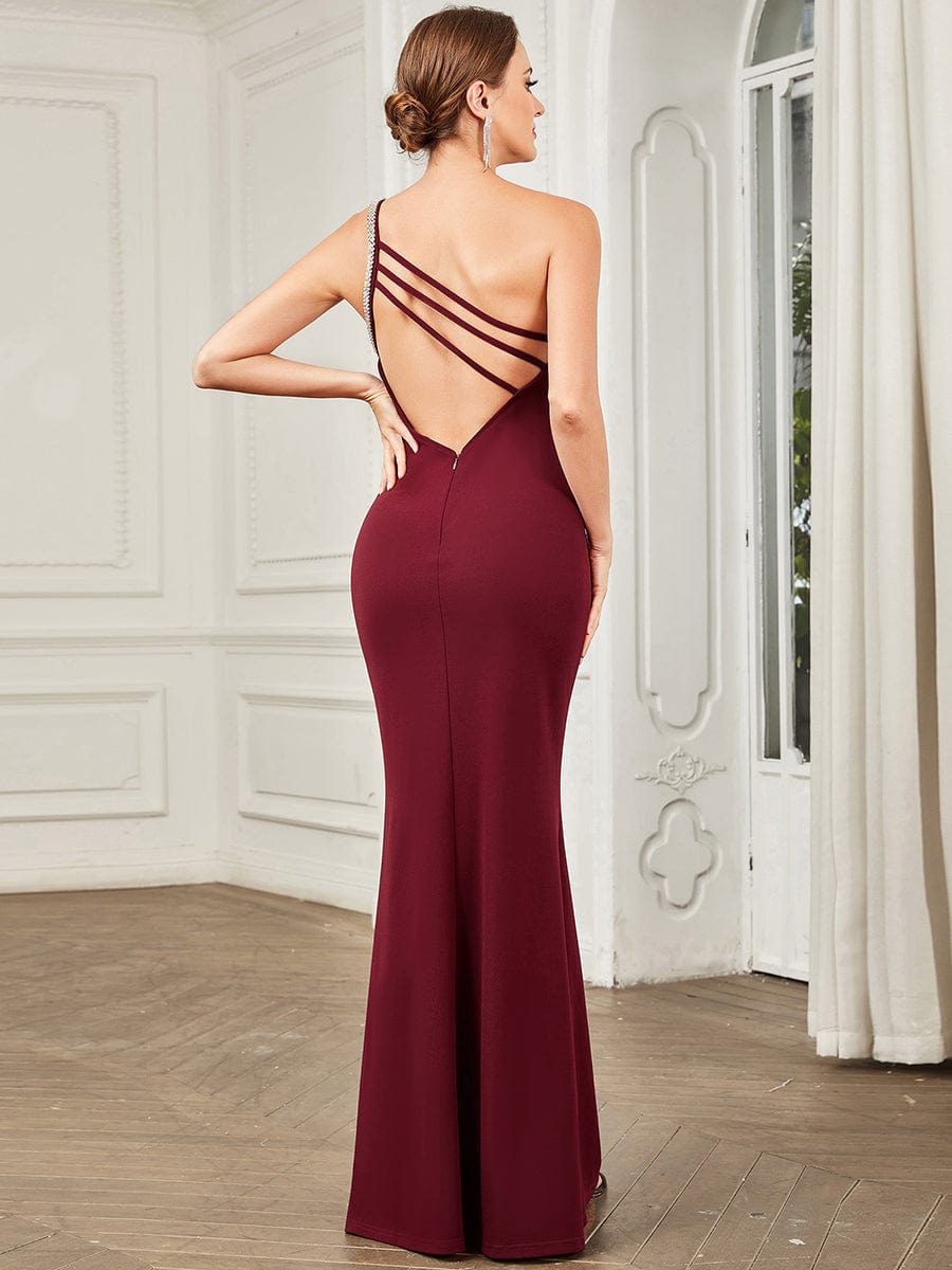 Sleeveless Backless One Shoulder Stretchy Formal Dress with Rhinestone #color_Burgundy
