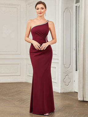 Sleeveless Backless One Shoulder Stretchy Formal Dress with Rhinestone