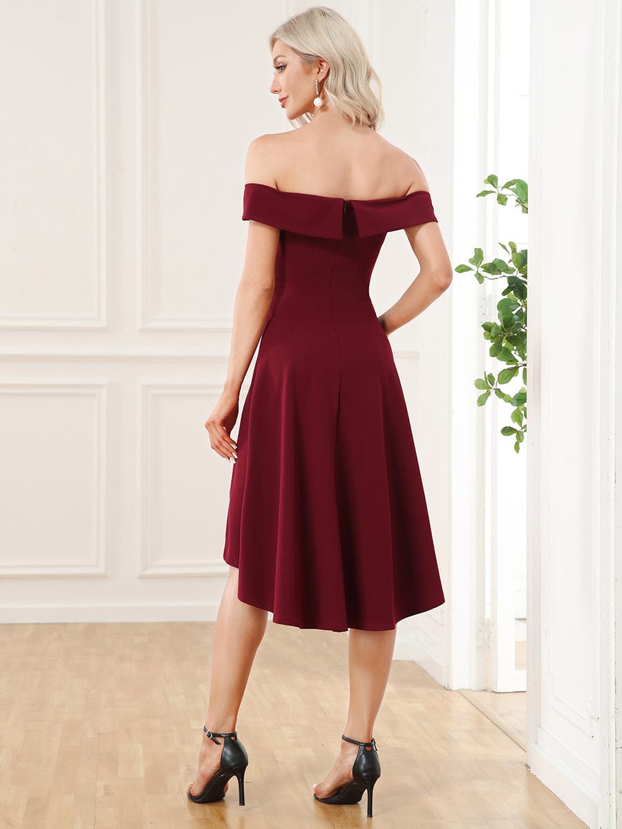Chic Off Shoulder Midi Length A-Line Formal Dress #color_Burgundy