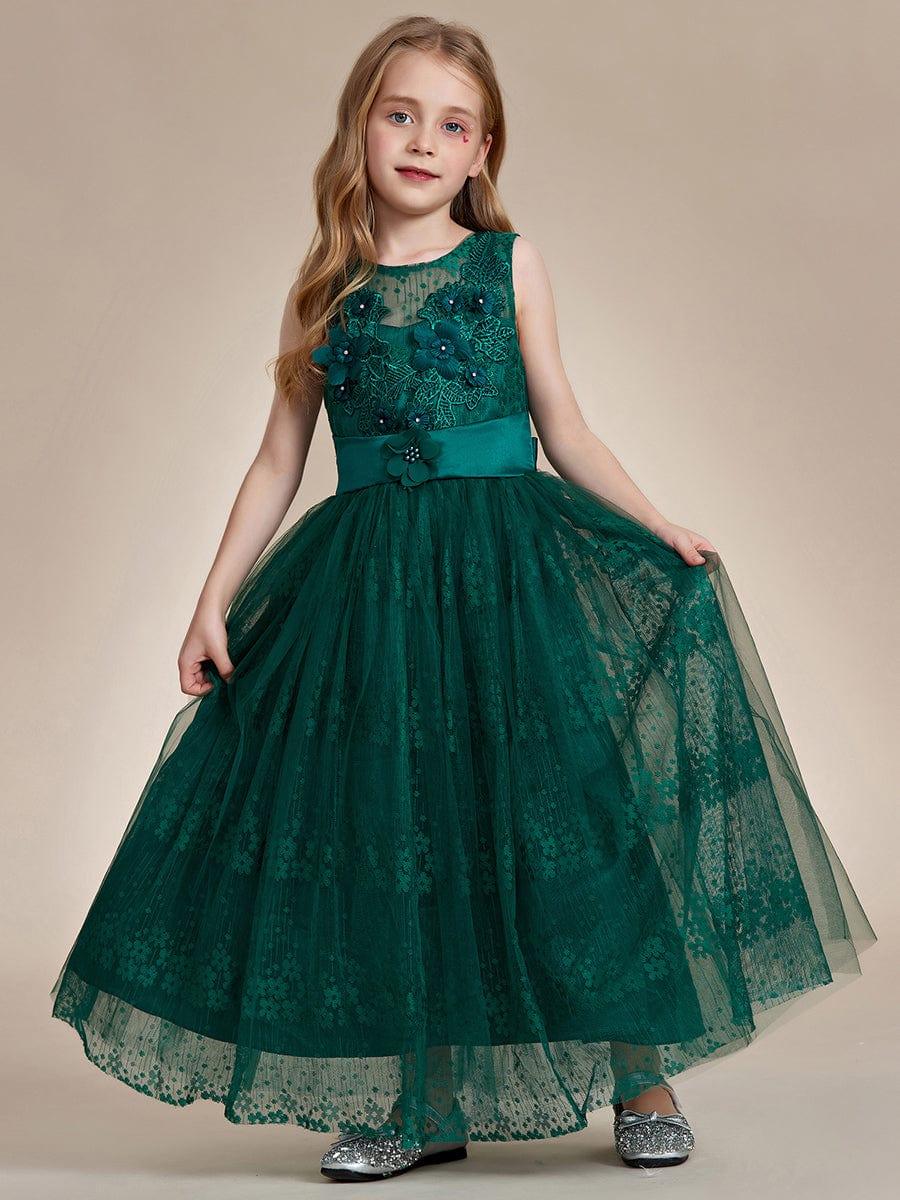 Floral Tulle Applique Princess Flower Girl Dress With Satin Back #color_Dark Green