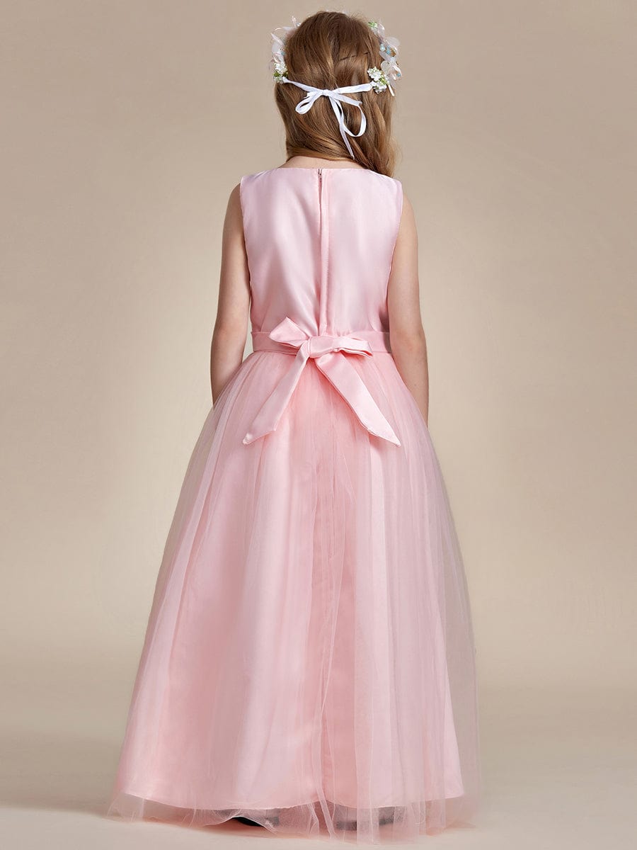 Floral Tulle Applique Princess Flower Girl Dress With Satin Back #color_Pink