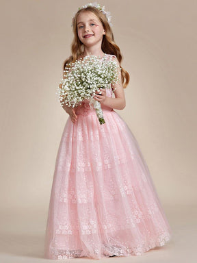 Floral Tulle Applique Princess Flower Girl Dress With Satin Back