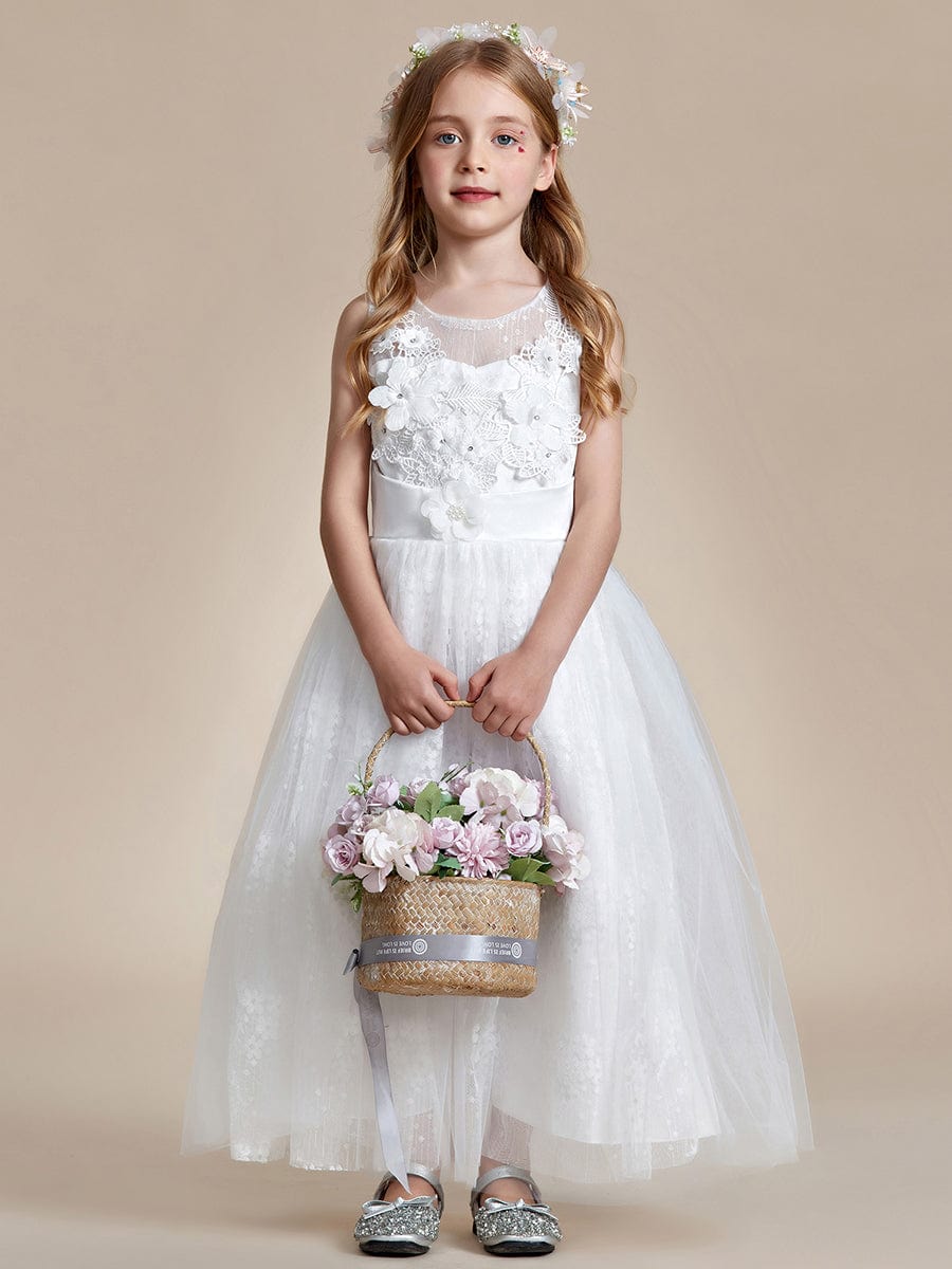 Floral Tulle Applique Princess Flower Girl Dress With Satin Back #color_White
