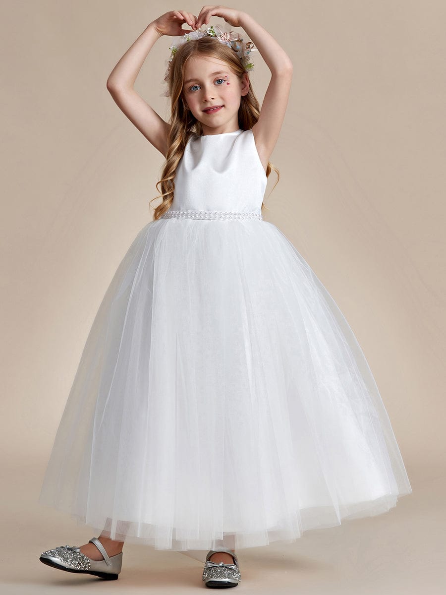 Satin Beaded Tulle Princess Flower Girl Dress With Back Bow #color_White