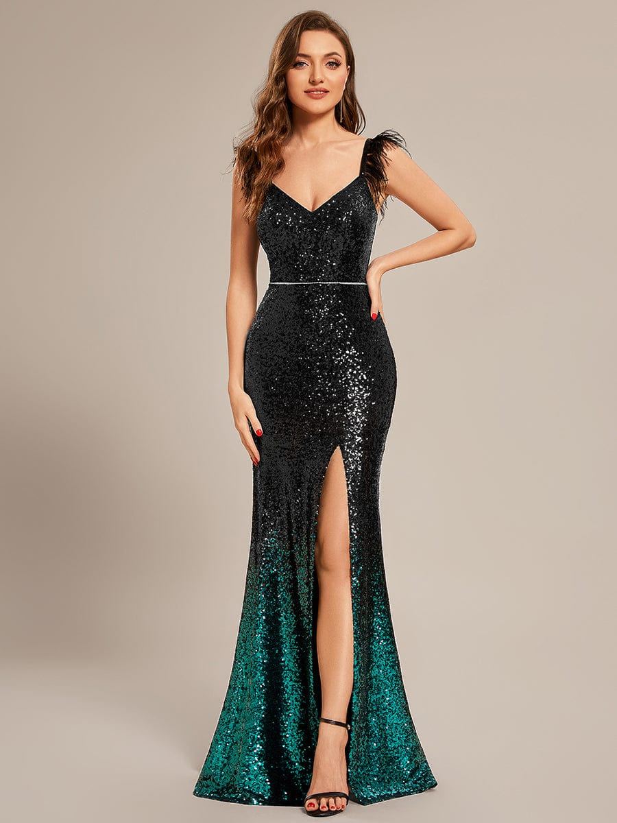 Custom Size Sequin Feather Lace-Up Mermaid Prom Dresses #color_Black