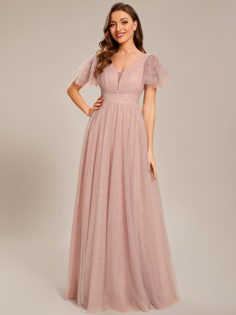Custom Size Ruffled Sleeves Deep V-neck A-line Tulle Prom Dress