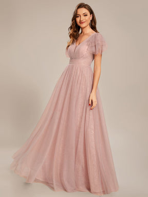 Custom Size Ruffled Sleeves Deep V-neck A-line Tulle Prom Dress