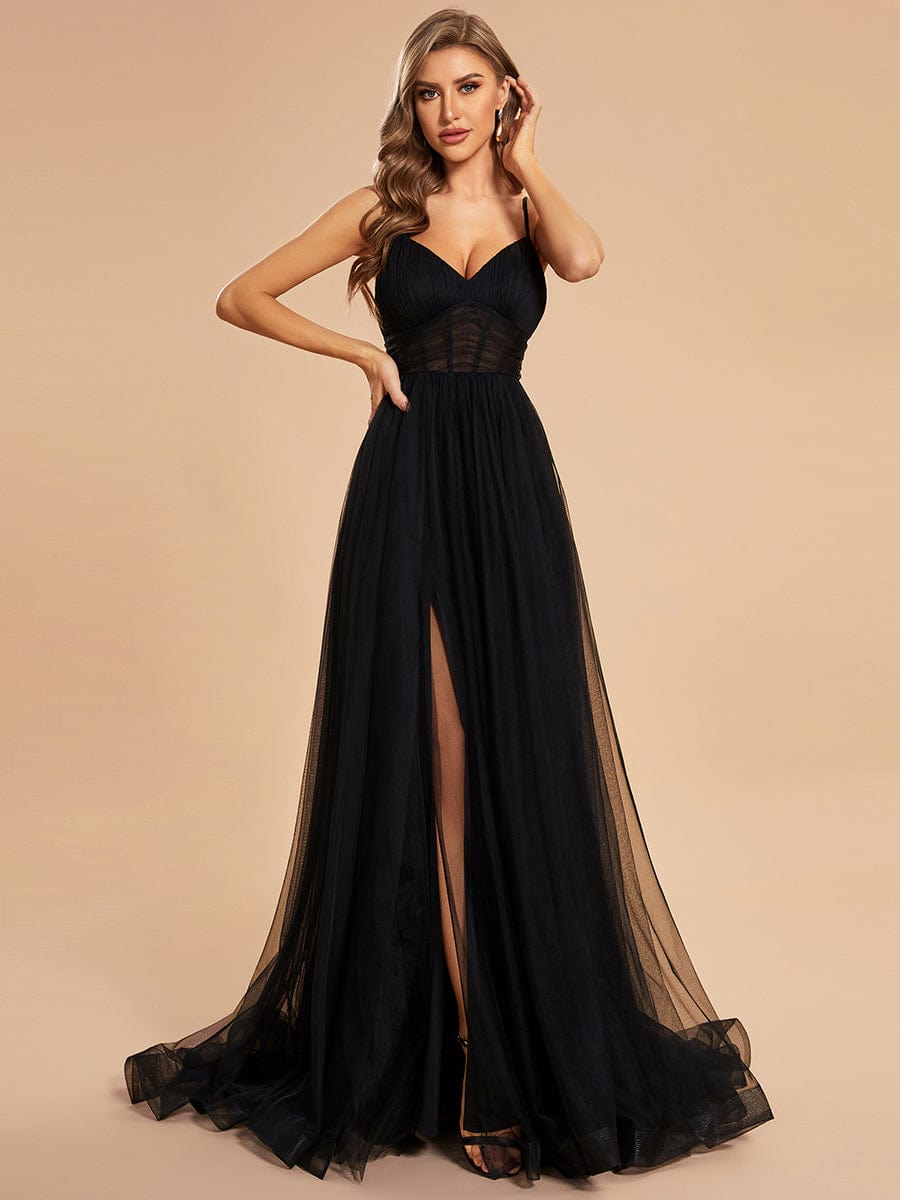 Custom Size Illusion Spaghetti Strap High Slit Tulle Evening Dress with Train #color_Black