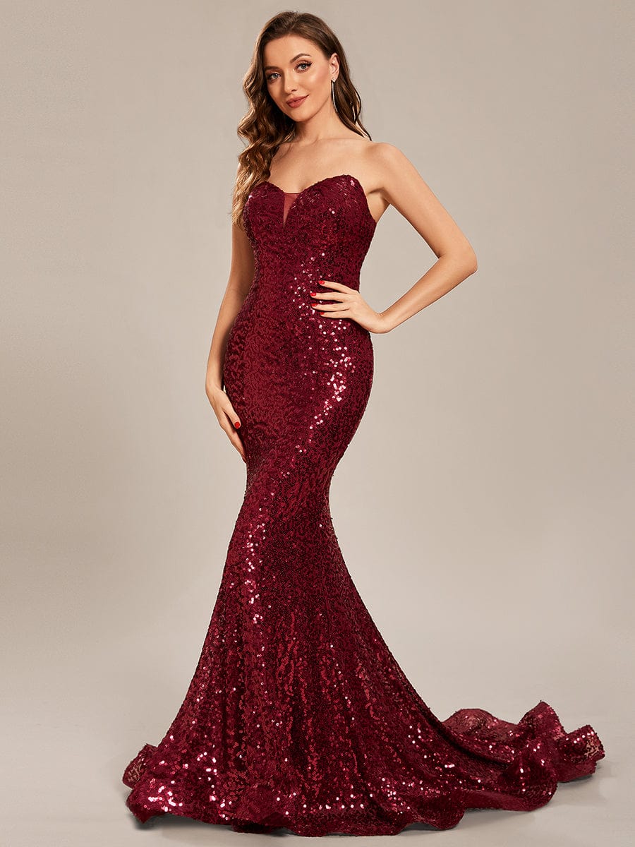 Custom Size Strapless Sweetheart Long Bodycon Sequin Prom Dress #color_Burgundy