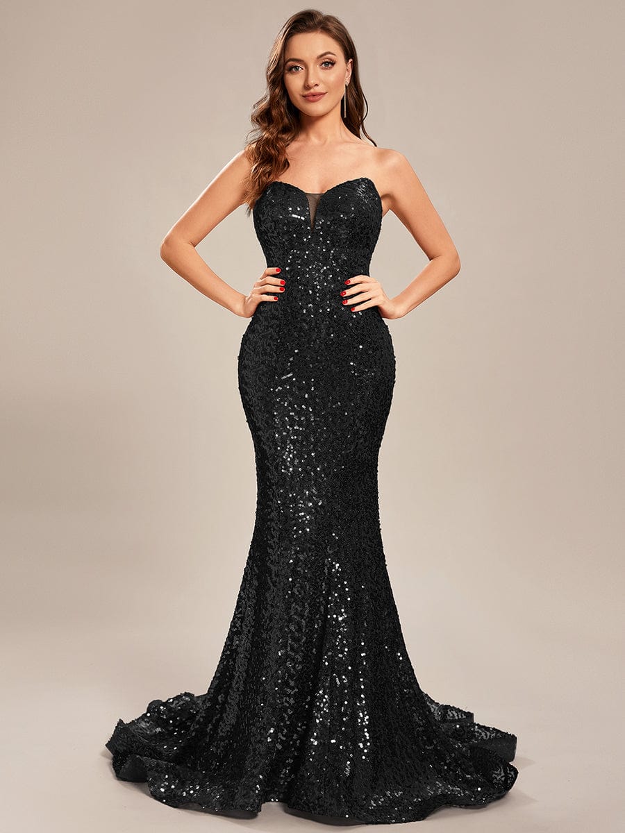 Custom Size Strapless Sweetheart Long Bodycon Sequin Prom Dress #color_Black