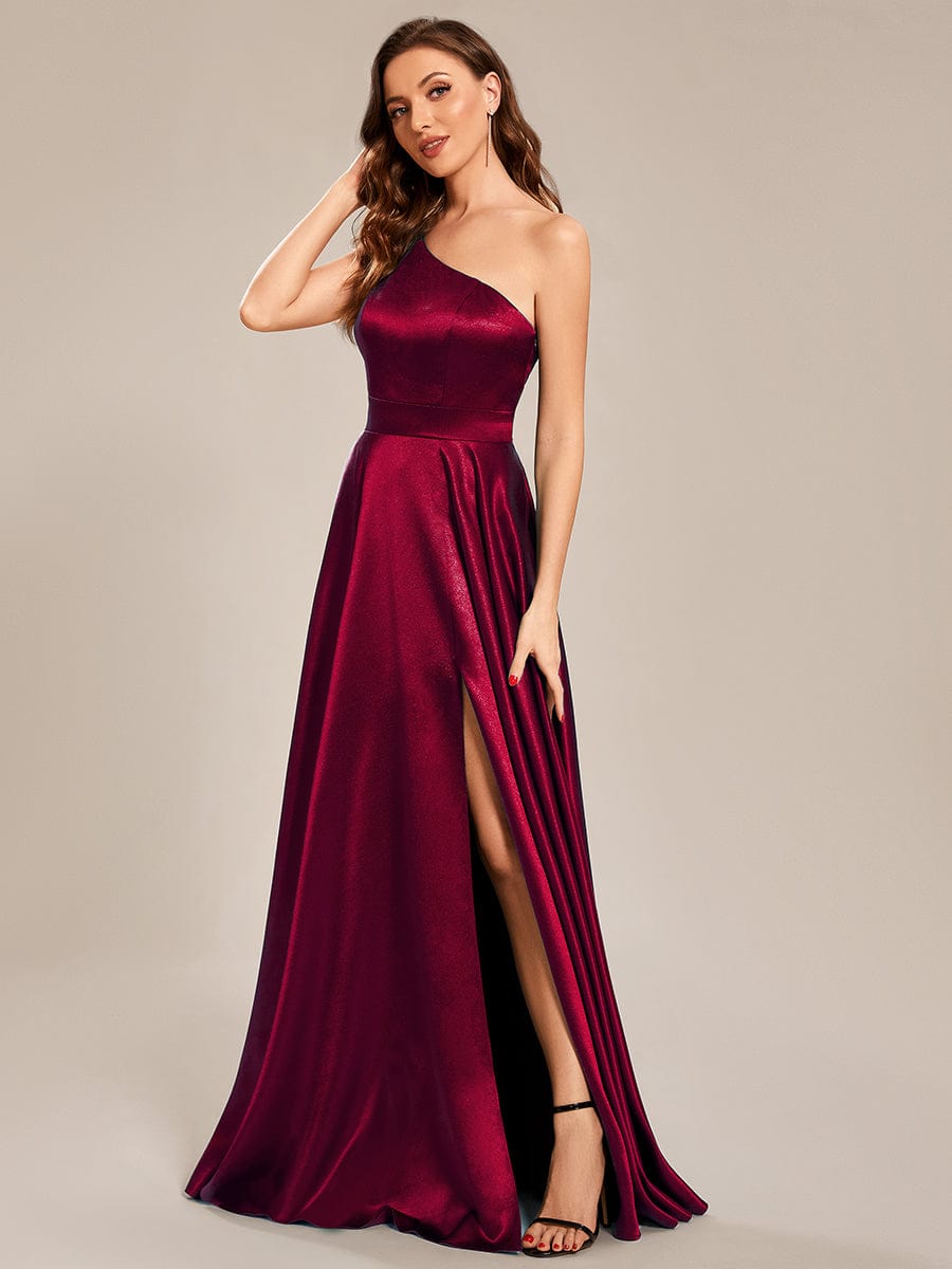 Custom Size One Shoulder Long Satin A Line Prom Dress #color_Burgundy