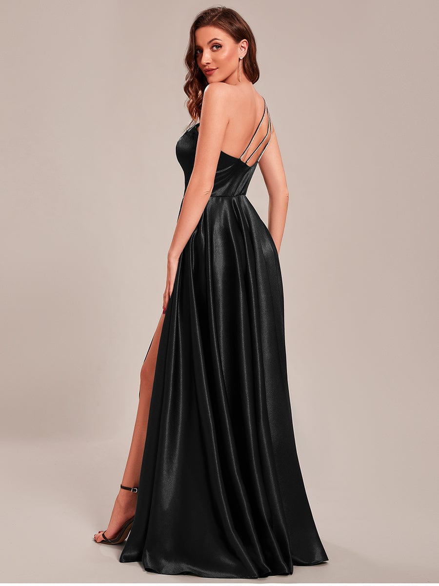 Custom Size One Shoulder Long Satin A Line Prom Dress #color_Black