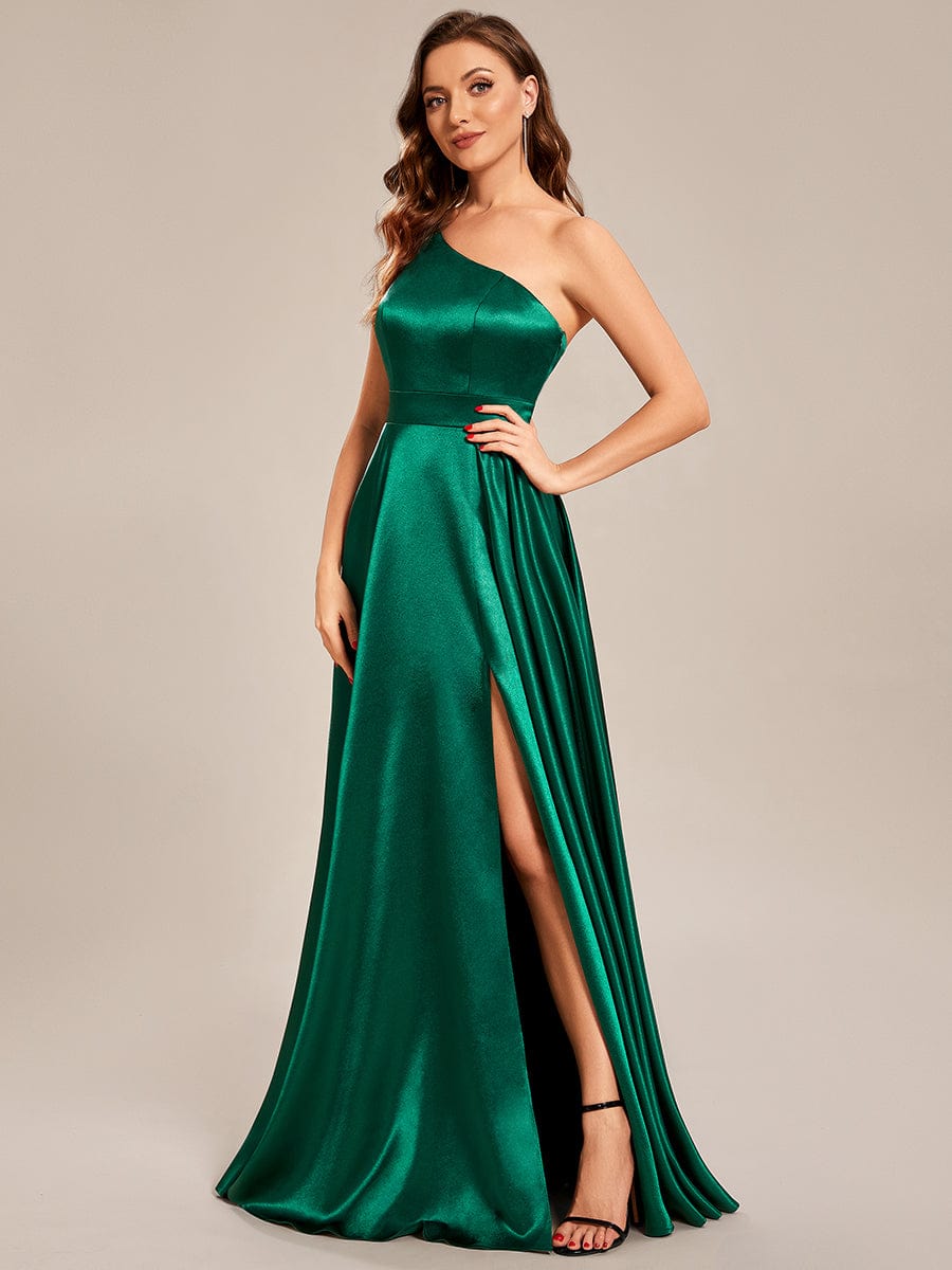 Custom Size One Shoulder Long Satin A Line Prom Dress #color_Dark Green