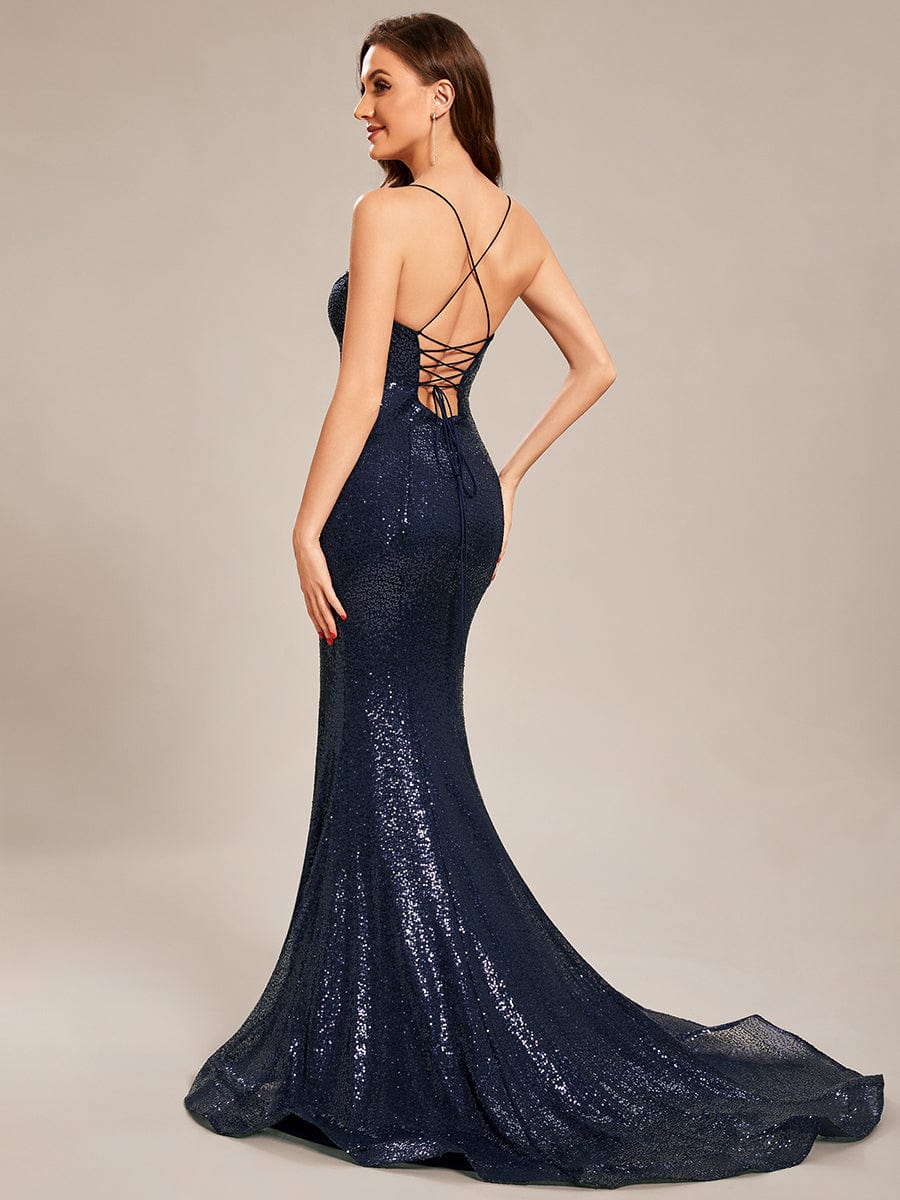 Custom Size Sequin Lace-up Back High Slid Mermaid Prom Dress #color_Navy Blue