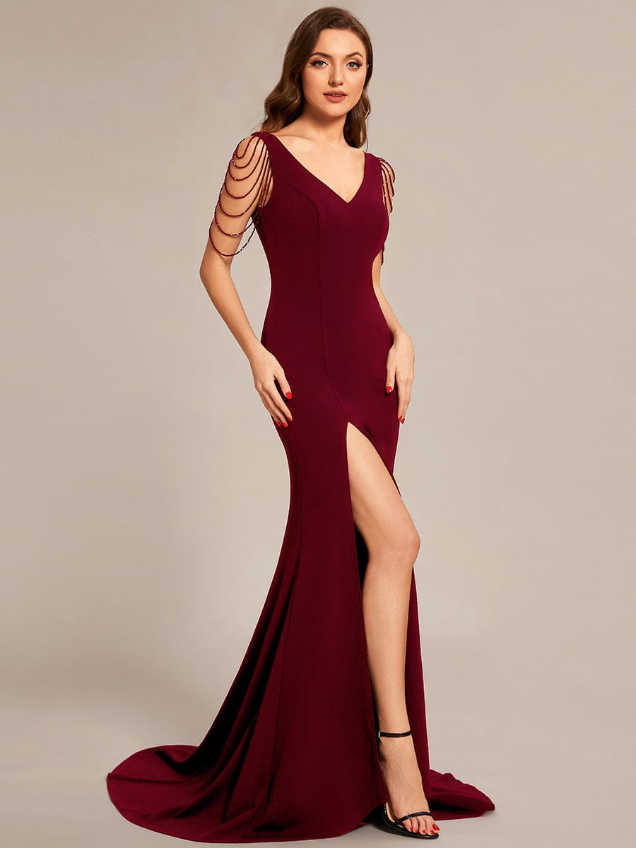 Custom Size V Neck Strectch Crepe High Front Slit Bodycon Prom Dress #color_Burgundy